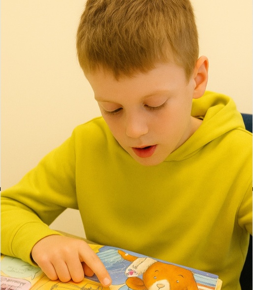 jongen met leesboek en bijwijsvinger