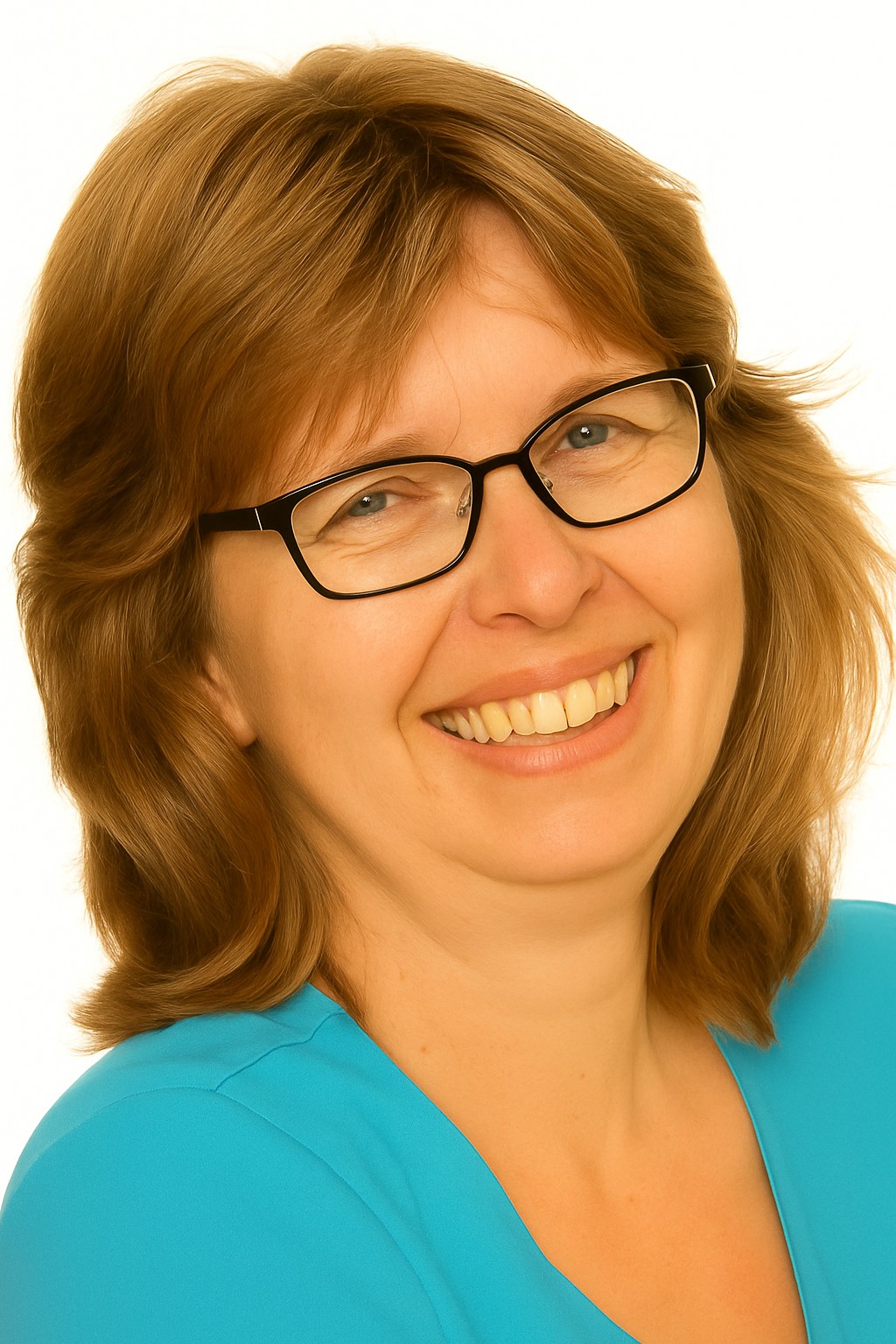 lachende jonge Inge blauwe Inge Wessels leerkracht, coach, taalspecialist